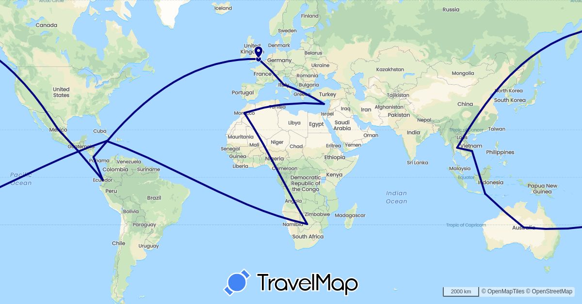 TravelMap itinerary: driving in Australia, Botswana, Costa Rica, Cyprus, Ecuador, United Kingdom, Indonesia, Italy, Jamaica, Morocco, Mexico, Thailand, Vietnam (Africa, Asia, Europe, North America, Oceania, South America)